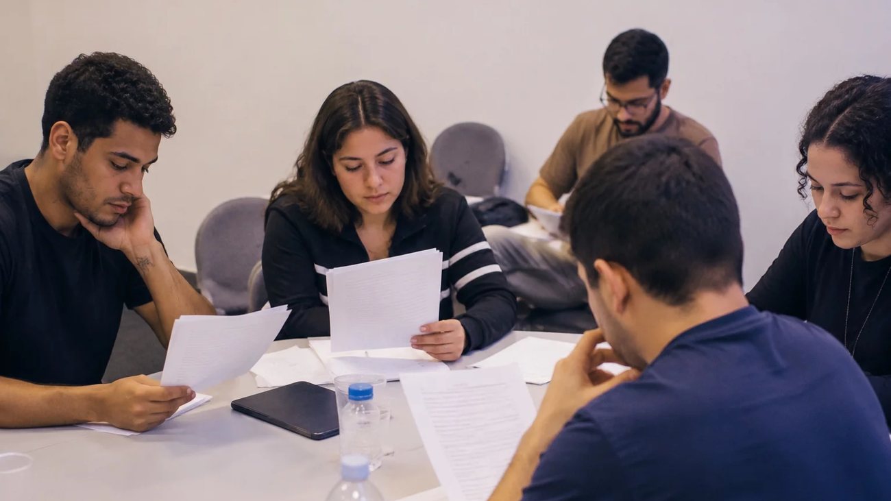 Mesa vista de cima com uma cadeia de argumentos desenhada à mão no papel