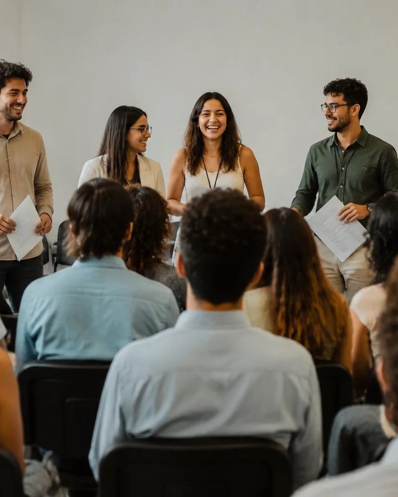 Grupo rindo com as folhas de anotação na mão logo depois de uma rodada